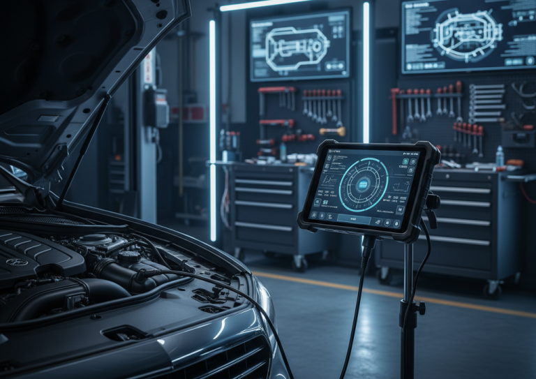 Escáner de diagnóstico conectado al motor de un coche moderno en taller automotriz, con pantallas técnicas y herramientas en segundo plano.