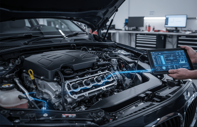 Home Técnico analizando un motor moderno con escáner OBD2 para diagnóstico de inyección electrónica