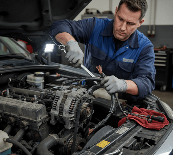 mecánico desmontando un alternador de un coche
